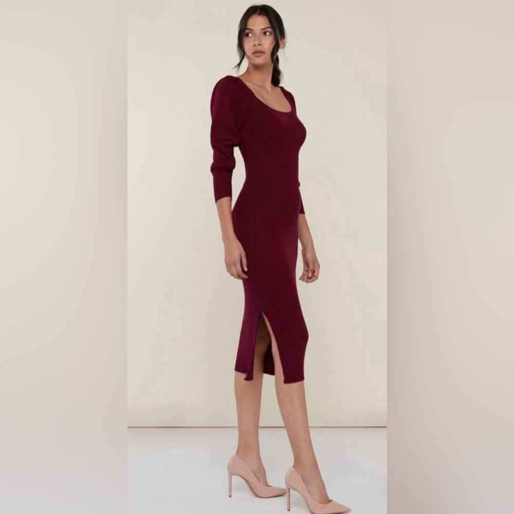 NWT Rachel Parcell Long Sleeve Rib Knit Midi Dress Wer Wine Red* ZB3